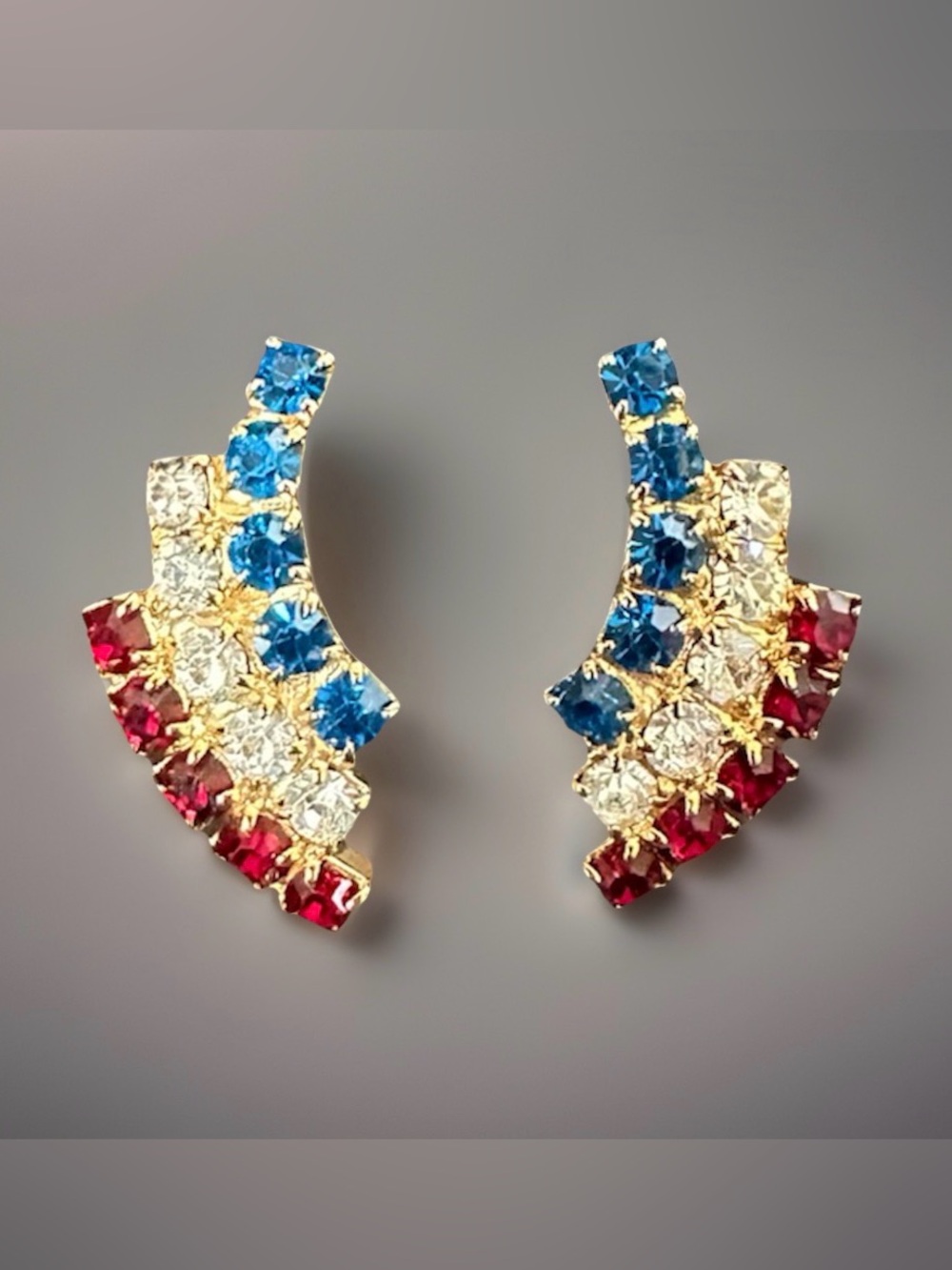 Vintage 1960s Patriotic Red White & Blue Rhinestone Clip On Climber Earrings